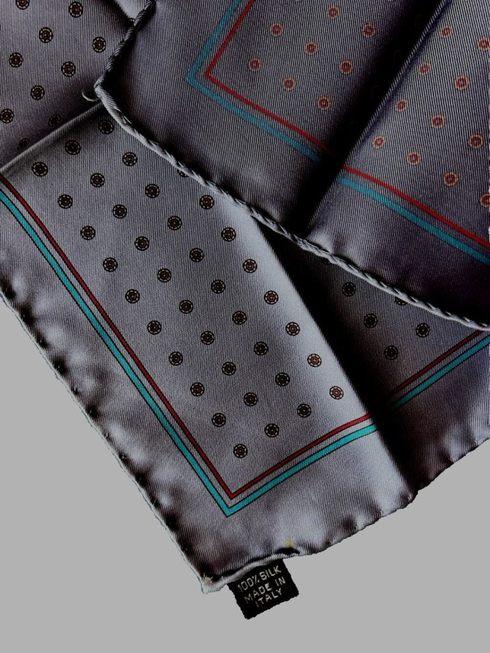 Italian 100% Silk Pocket Square Mens Geometric Blue Red Stripe Medallion Italy